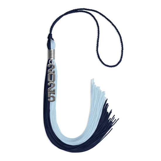 Dark Navy Blue/Light Blue Graduation Tassel with Silver Stacked Date Drop by Wholesale Grad Supply
