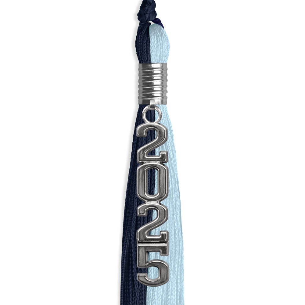 Dark Navy Blue/Light Blue Graduation Tassel with Silver Stacked Date Drop by Wholesale Grad Supply