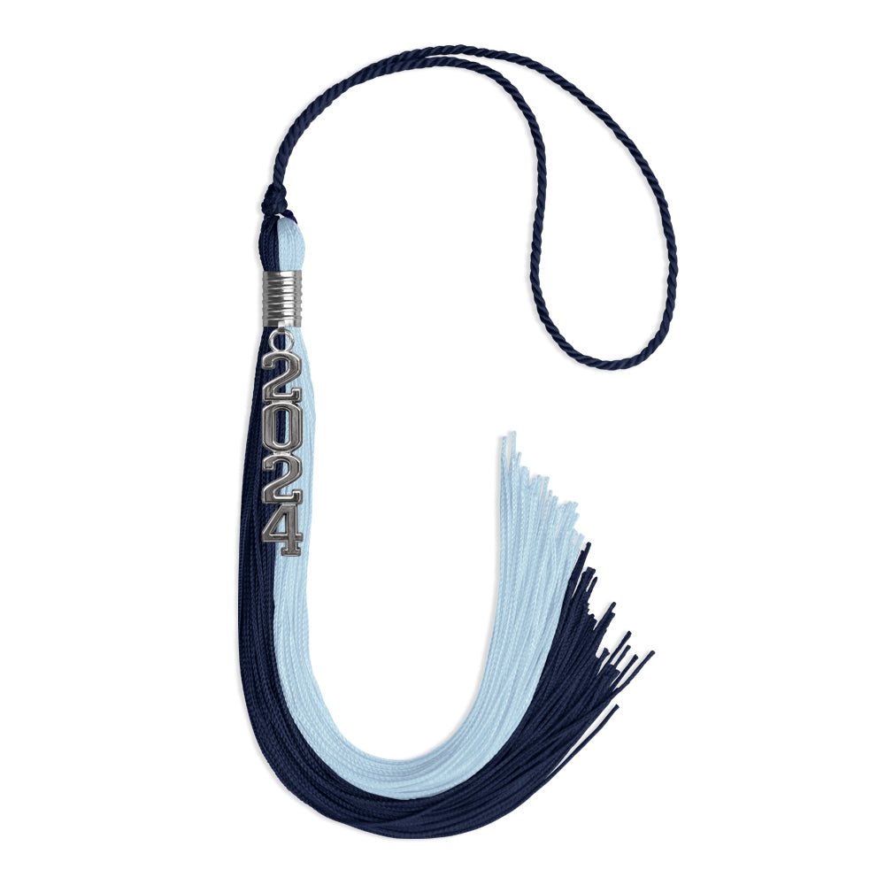Dark Navy Blue/Light Blue Graduation Tassel with Silver Stacked Date Drop by Wholesale Grad Supply