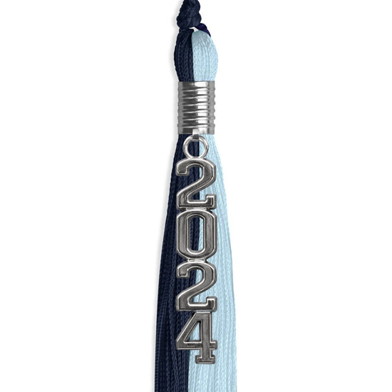 Dark Navy Blue/Light Blue Graduation Tassel with Silver Stacked Date Drop by Wholesale Grad Supply