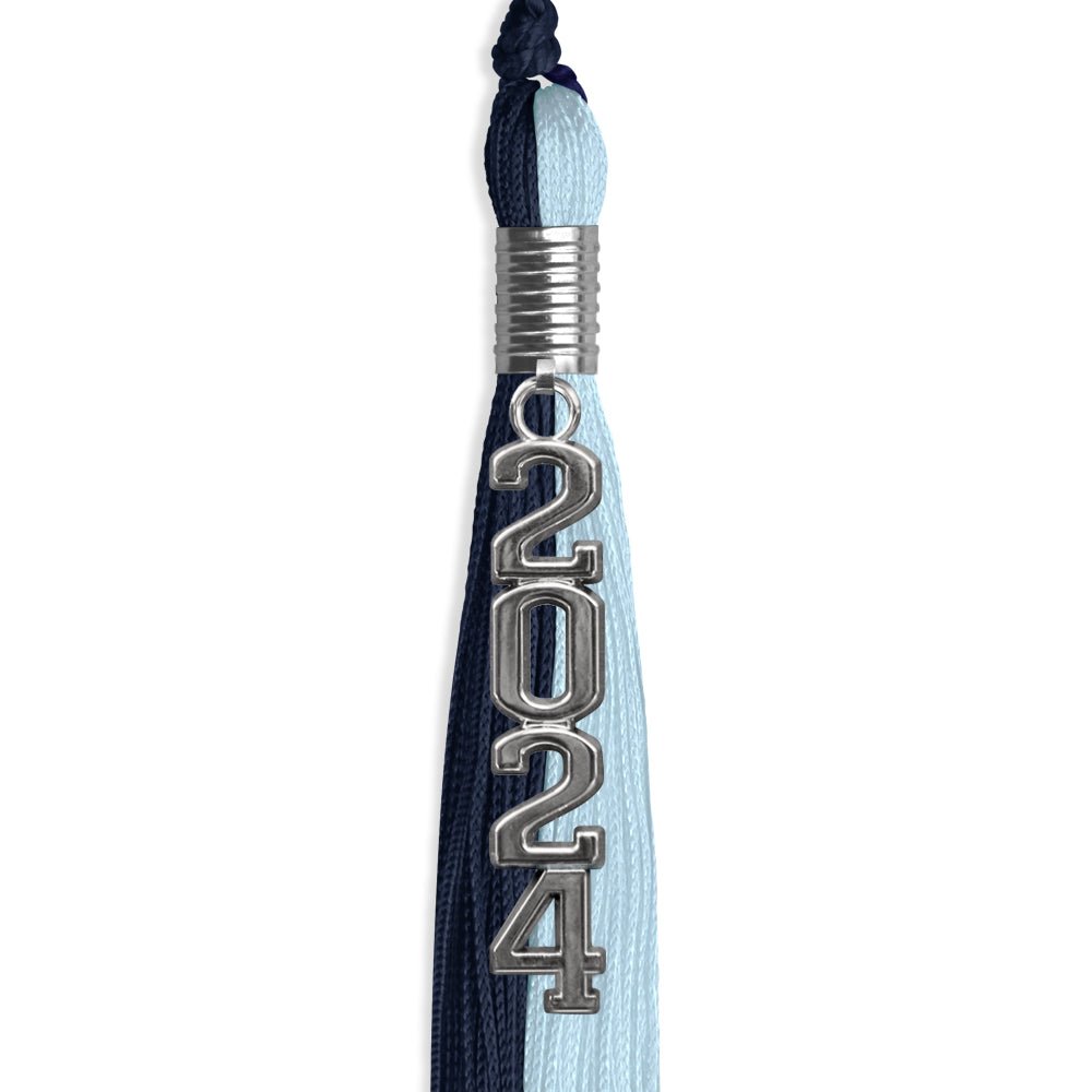 Dark Navy Blue/Light Blue Graduation Tassel with Silver Stacked Date Drop by Wholesale Grad Supply