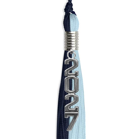 Dark Navy Blue/Light Blue Graduation Tassel with Silver Stacked Date Drop by Wholesale Grad Supply