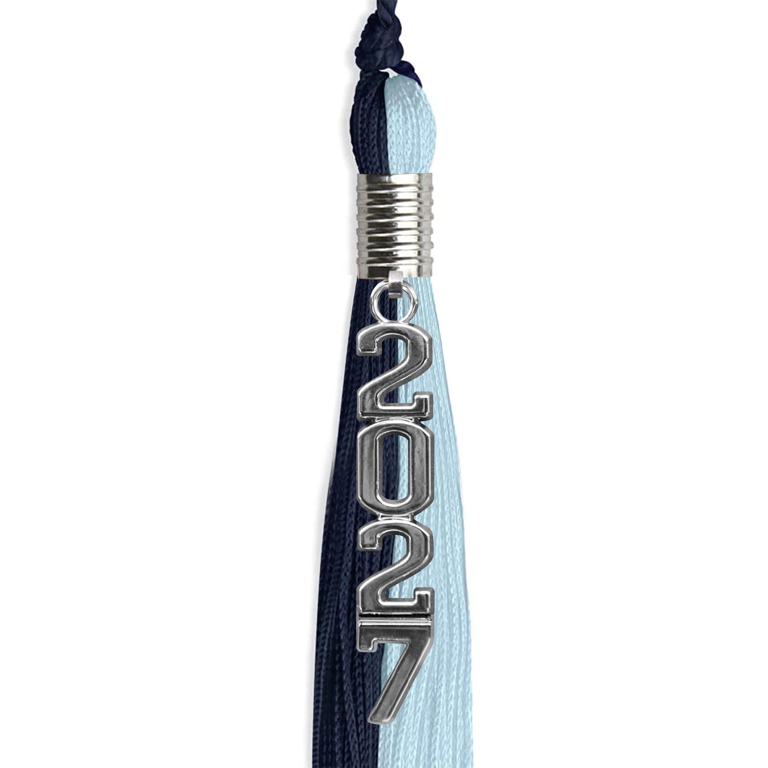 Dark Navy Blue/Light Blue Graduation Tassel with Silver Stacked Date Drop by Wholesale Grad Supply