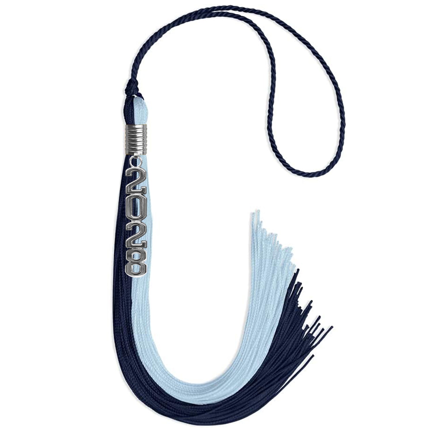 Dark Navy Blue/Light Blue Graduation Tassel with Silver Stacked Date Drop by Wholesale Grad Supply