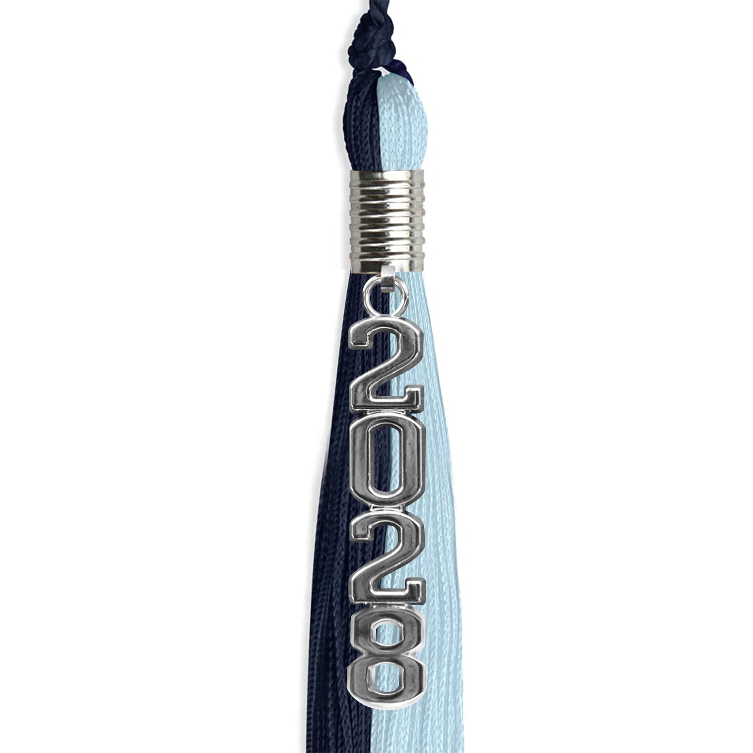 Dark Navy Blue/Light Blue Graduation Tassel with Silver Stacked Date Drop by Wholesale Grad Supply