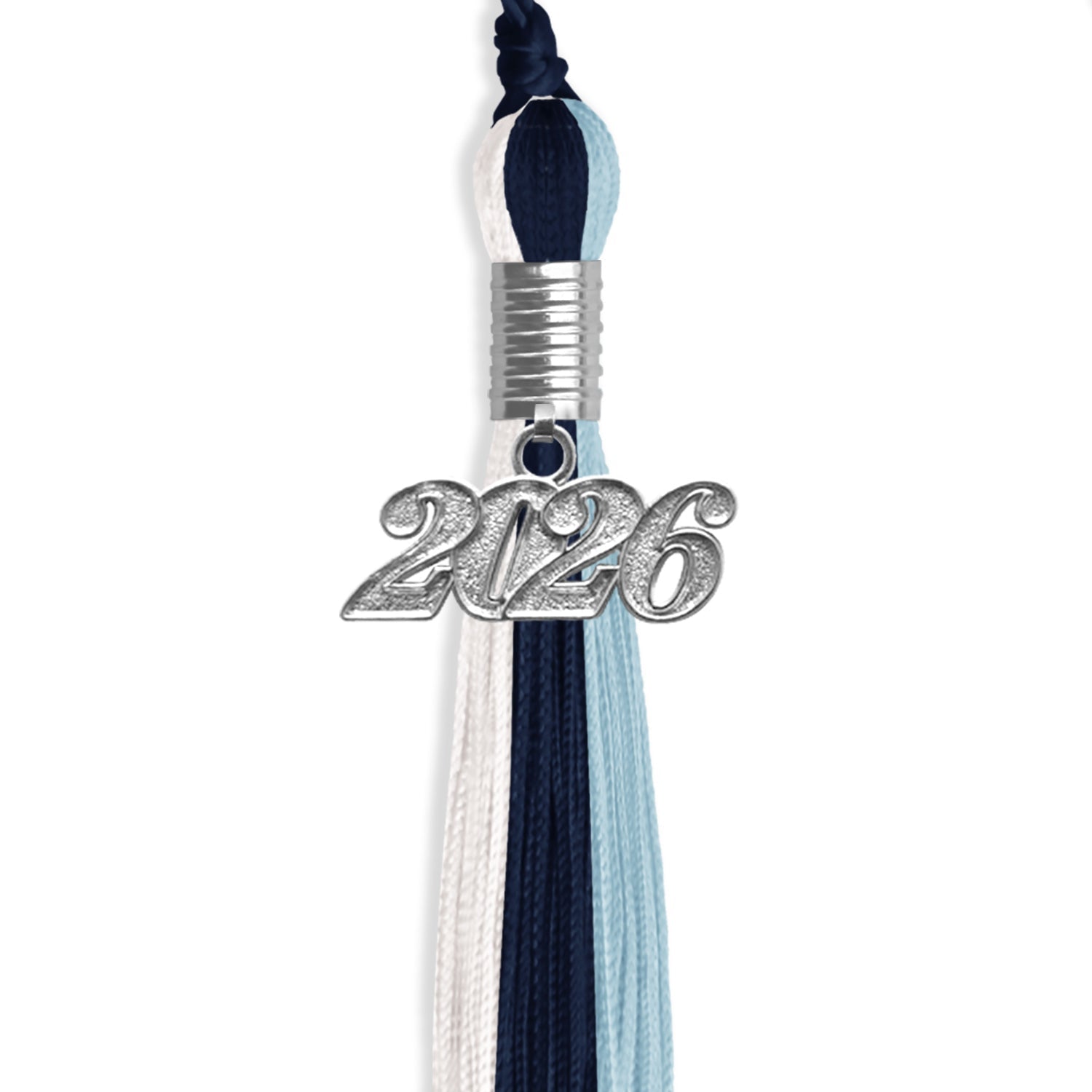 Dark Navy Blue/Light Blue/White Graduation Tassel with Silver Bling Charm by Wholesale Grad Supply