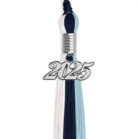Dark Navy Blue/Light Blue/White Graduation Tassel with Silver Bling Charm by Wholesale Grad Supply