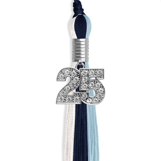 Dark Navy Blue/Light Blue/White Graduation Tassel with Silver Bling Charm by Wholesale Grad Supply