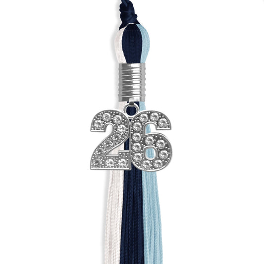 Dark Navy Blue/Light Blue/White Graduation Tassel with Silver Bling Charm by Wholesale Grad Supply