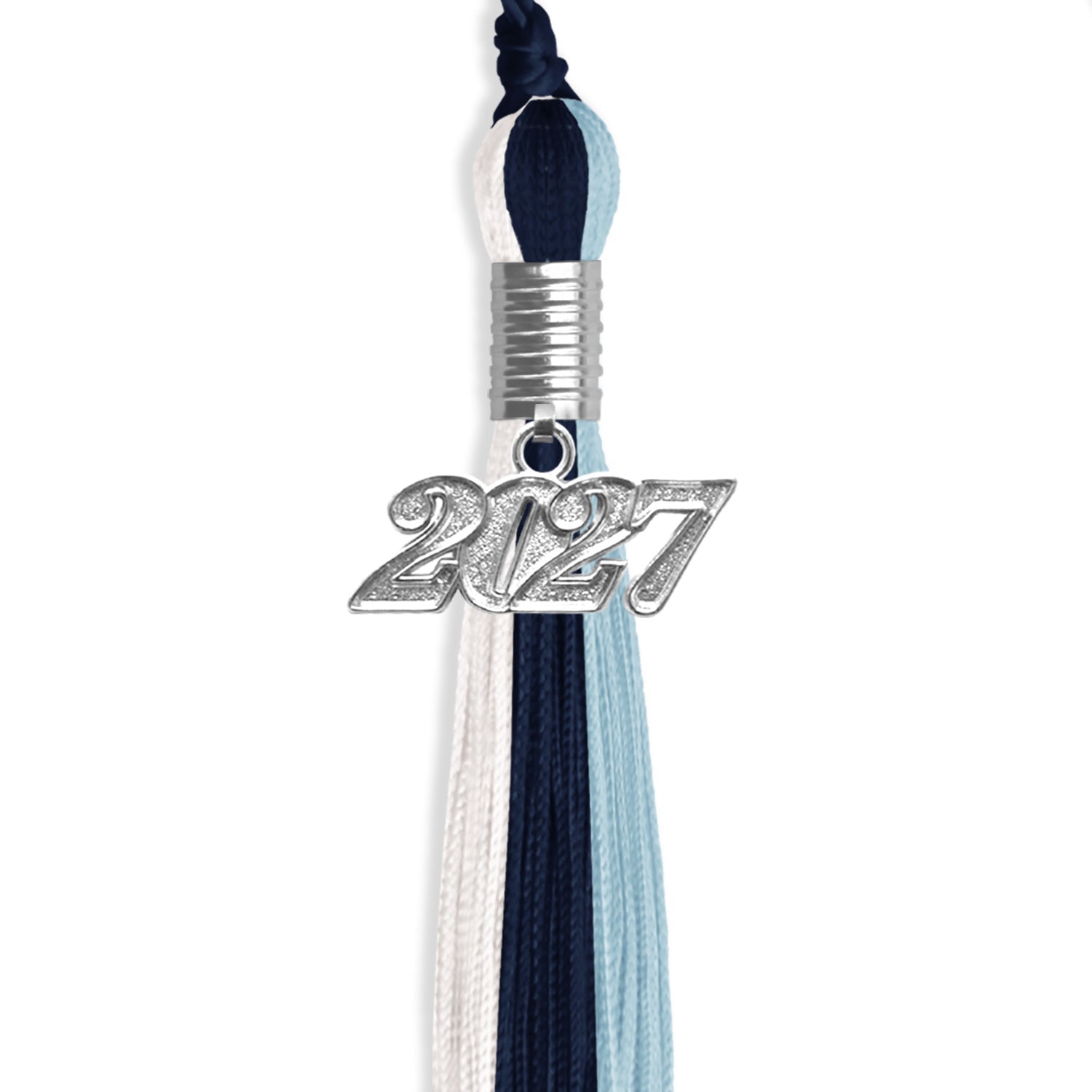 Dark Navy Blue/Light Blue/White Graduation Tassel with Silver Bling Charm by Wholesale Grad Supply