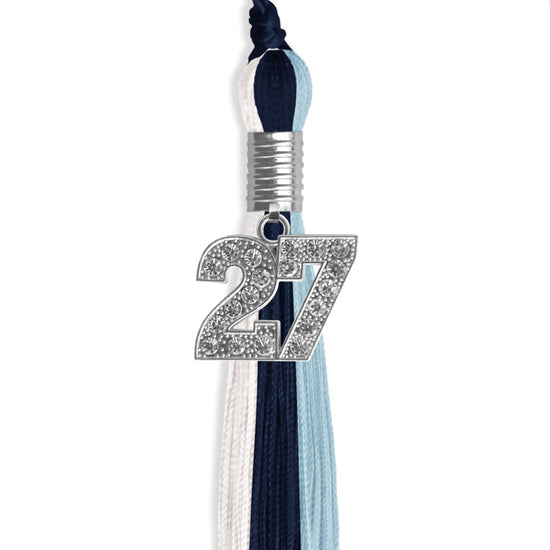 Dark Navy Blue/Light Blue/White Graduation Tassel with Silver Bling Charm by Wholesale Grad Supply
