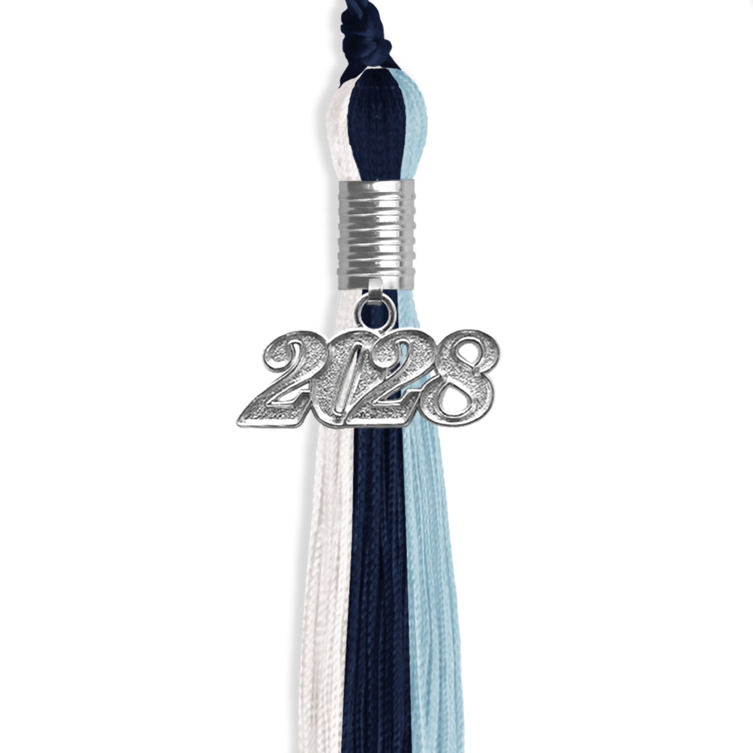 Dark Navy Blue/Light Blue/White Graduation Tassel with Silver Bling Charm by Wholesale Grad Supply