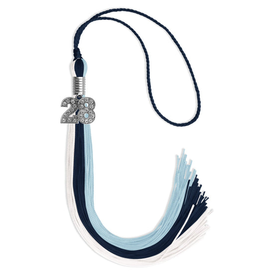Dark Navy Blue/Light Blue/White Graduation Tassel with Silver Bling Charm by Wholesale Grad Supply
