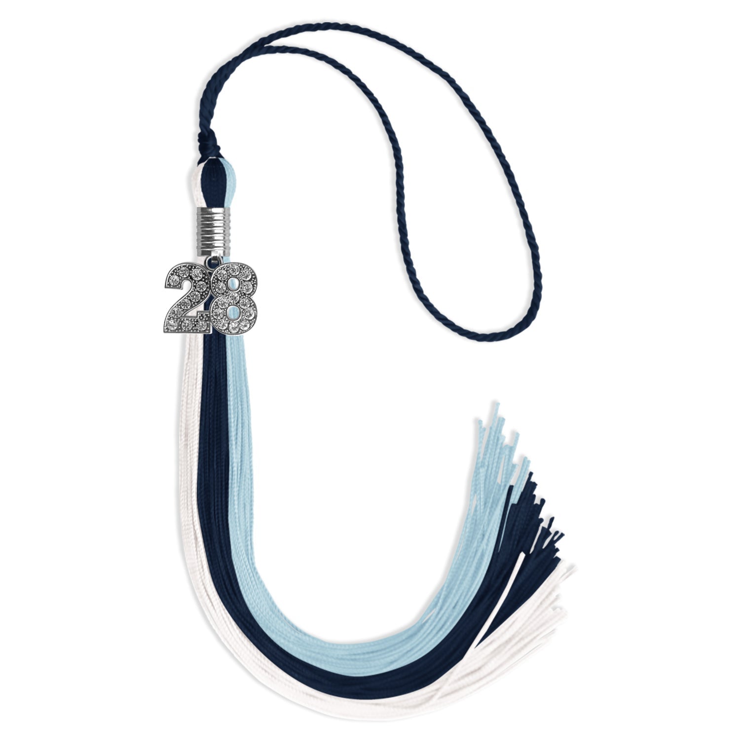 Dark Navy Blue/Light Blue/White Graduation Tassel with Silver Bling Charm by Wholesale Grad Supply