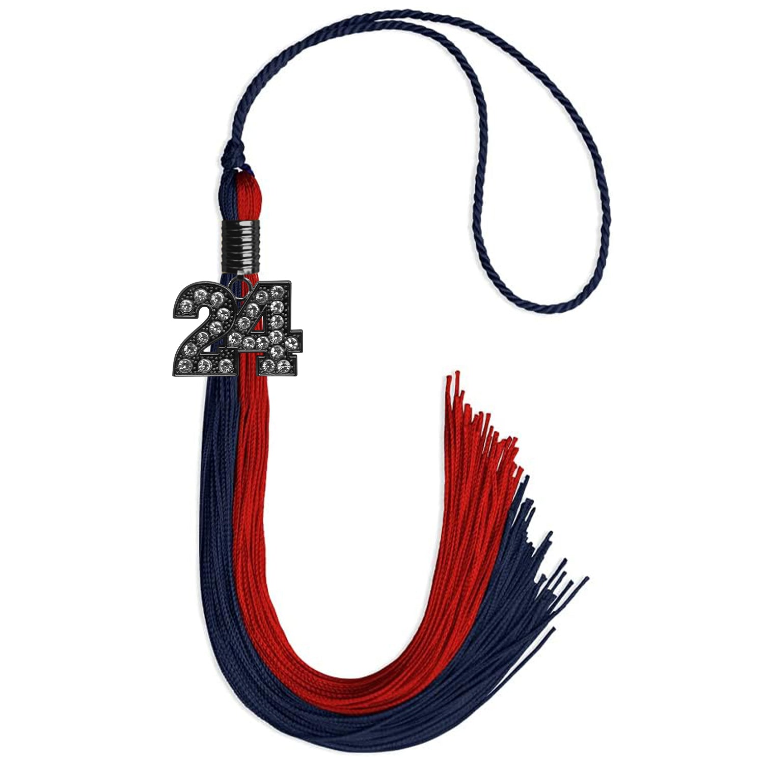 Dark Navy Blue/Red Graduation Tassel with Black Bling Charm by Wholesale Grad Supply