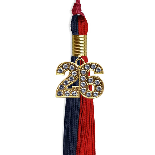 Dark Navy Blue/Red Graduation Tassel with Gold Bling Charm by Wholesale Grad Supply