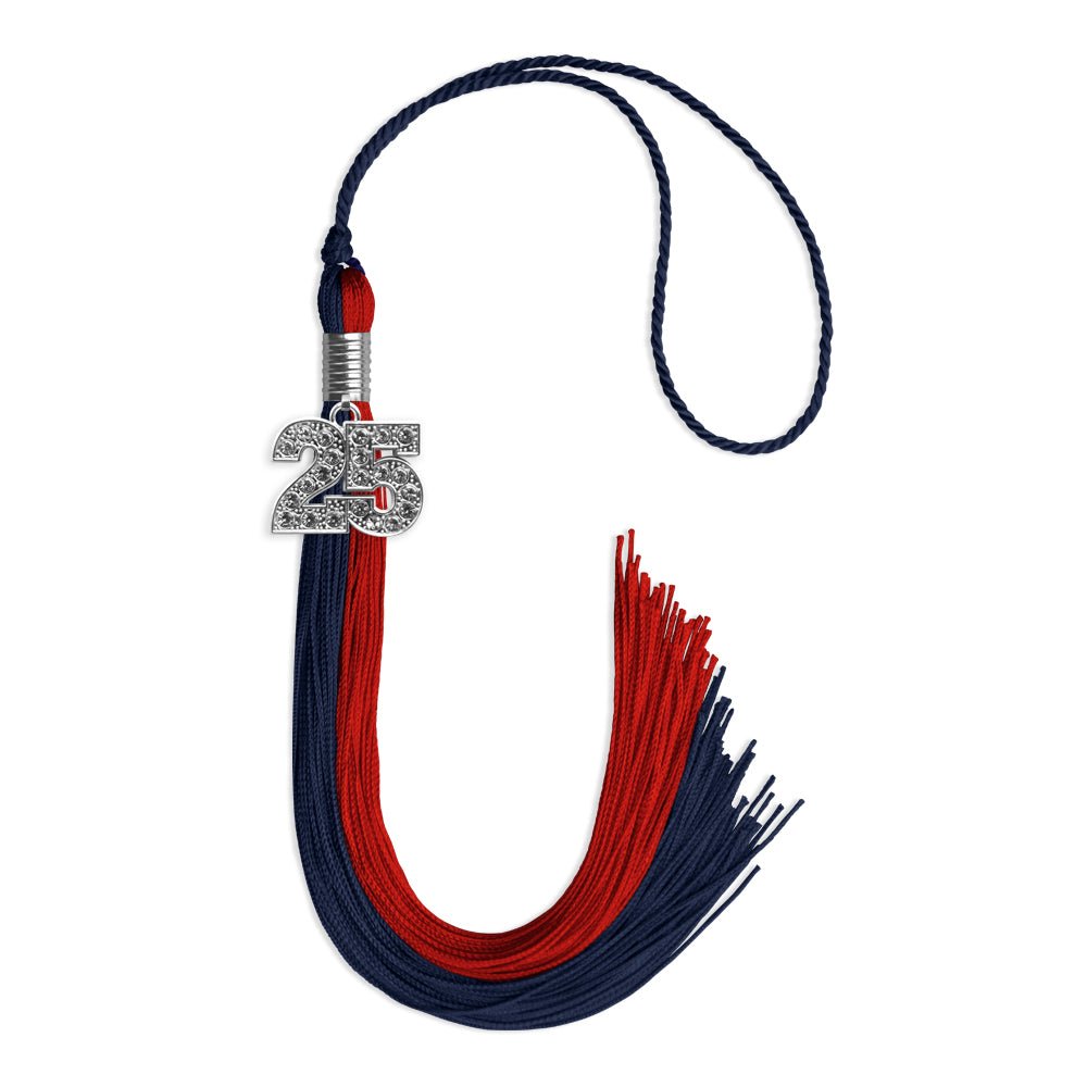 Dark Navy Blue/Red Graduation Tassel with Silver Bling Charm by Wholesale Grad Supply