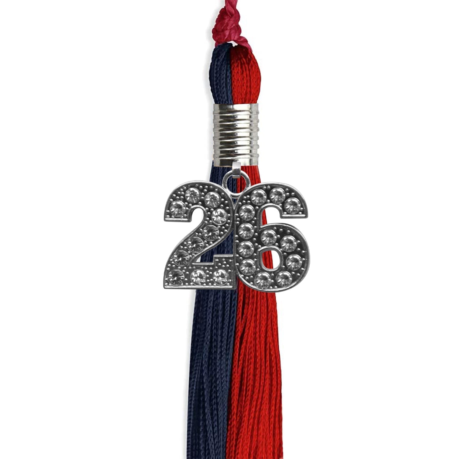 Dark Navy Blue/Red Graduation Tassel with Silver Bling Charm by Wholesale Grad Supply