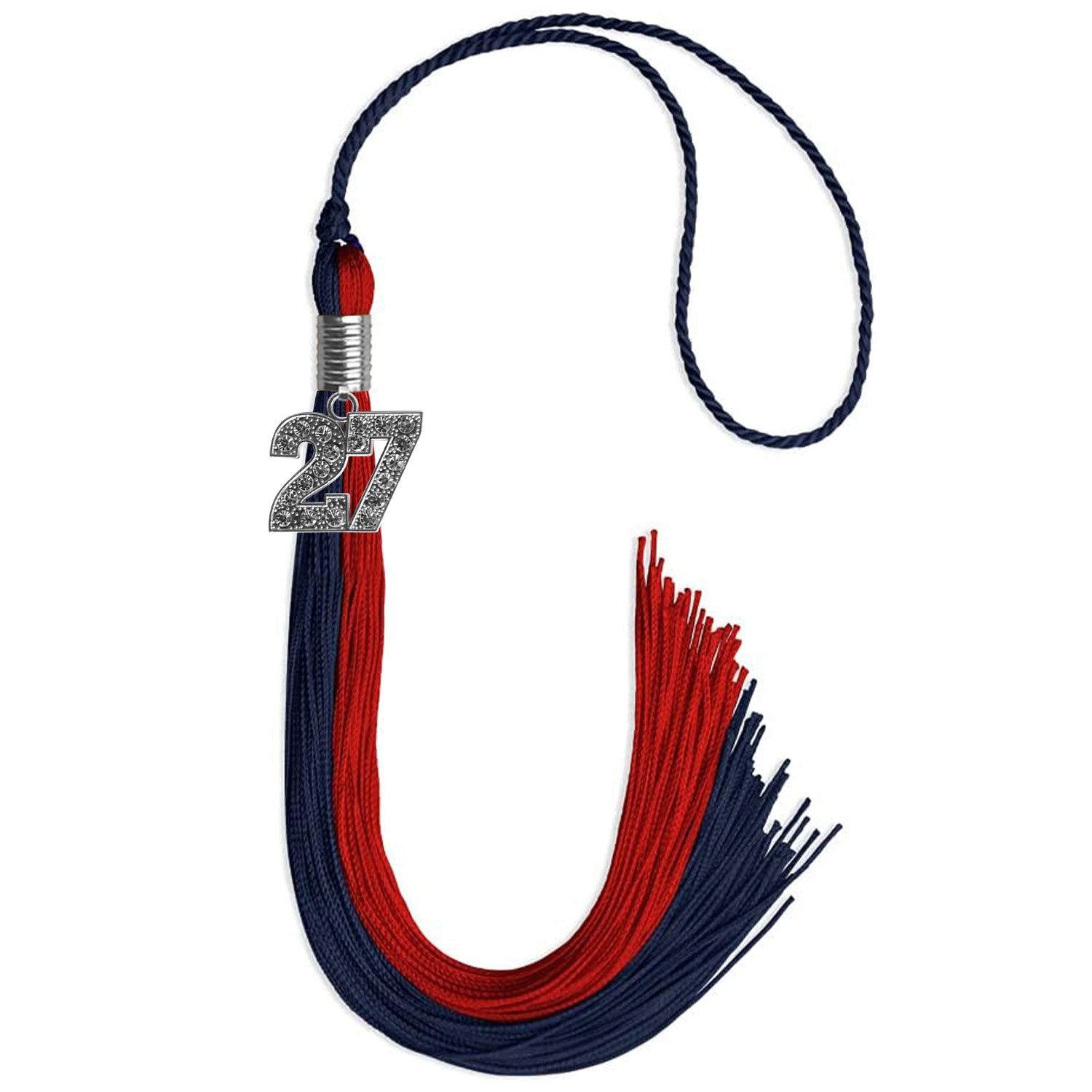Dark Navy Blue/Red Graduation Tassel with Silver Bling Charm by Wholesale Grad Supply