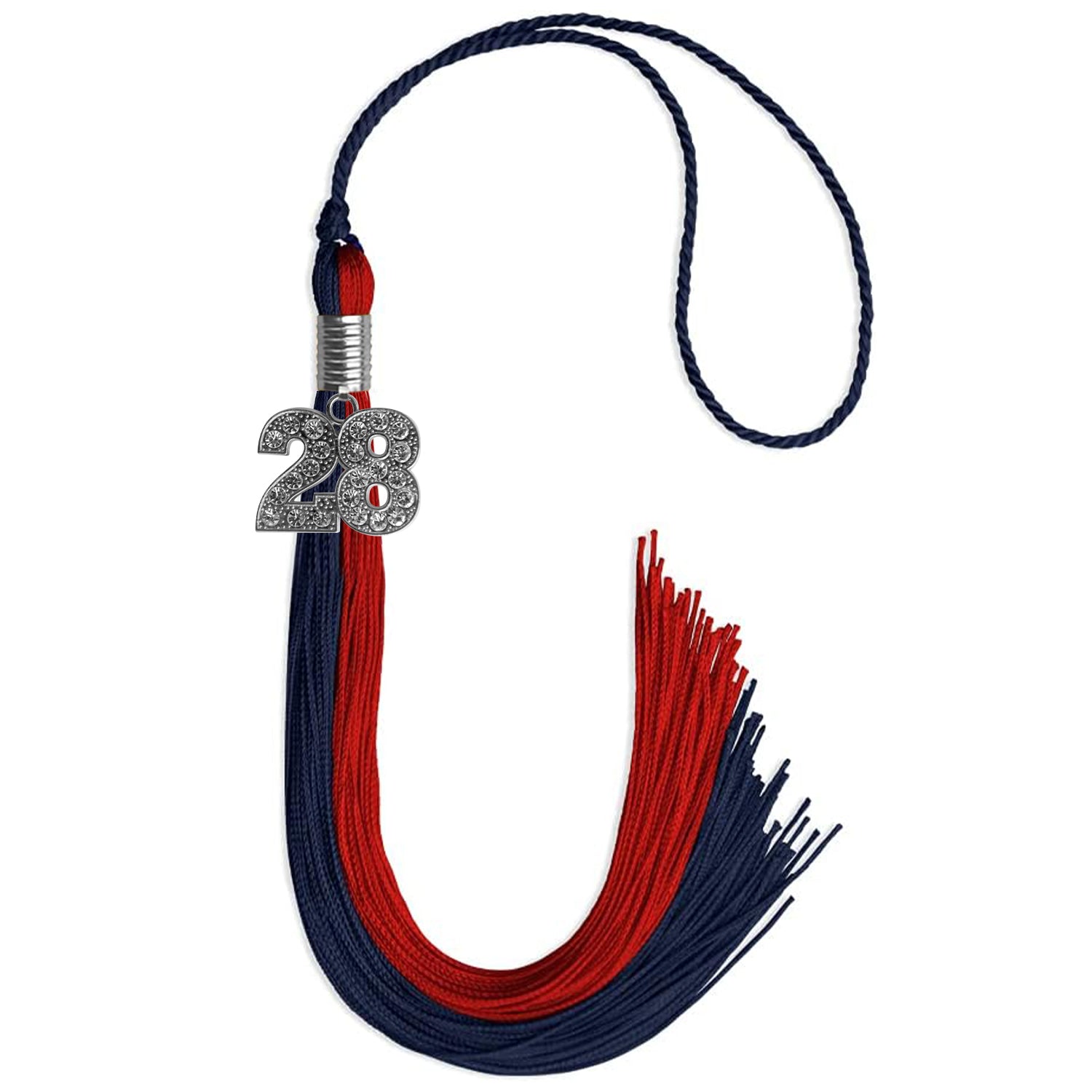 Dark Navy Blue/Red Graduation Tassel with Silver Bling Charm by Wholesale Grad Supply