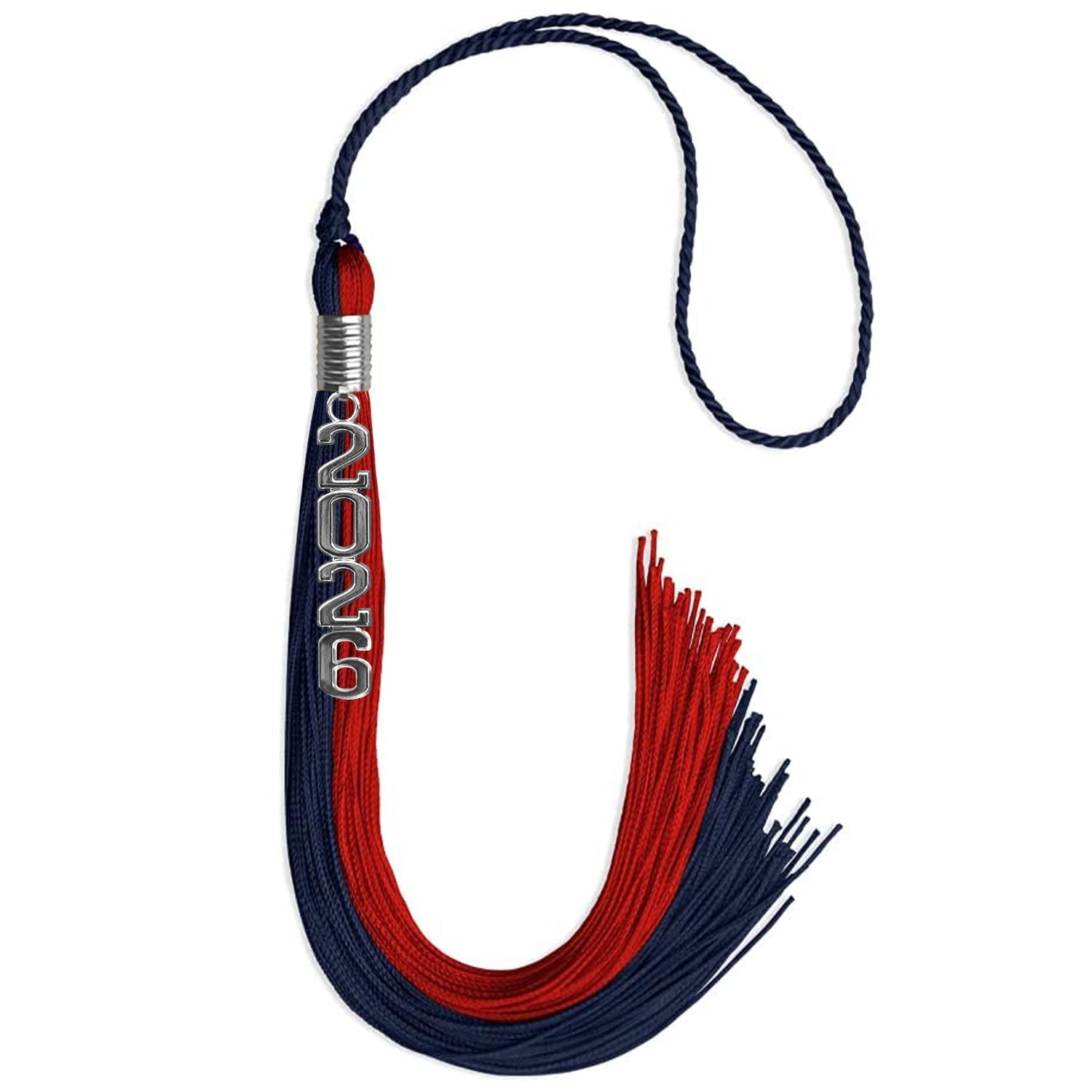 Dark Navy Blue/Red Graduation Tassel with Silver Stacked Date Drop by Wholesale Grad Supply