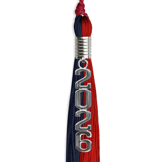 Dark Navy Blue/Red Graduation Tassel with Silver Stacked Date Drop by Wholesale Grad Supply