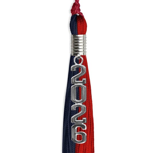 Dark Navy Blue/Red Graduation Tassel with Silver Stacked Date Drop by Wholesale Grad Supply