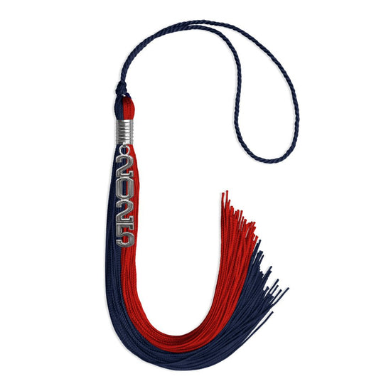 Dark Navy Blue/Red Graduation Tassel with Silver Stacked Date Drop by Wholesale Grad Supply