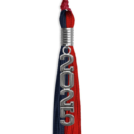 Dark Navy Blue/Red Graduation Tassel with Silver Stacked Date Drop by Wholesale Grad Supply