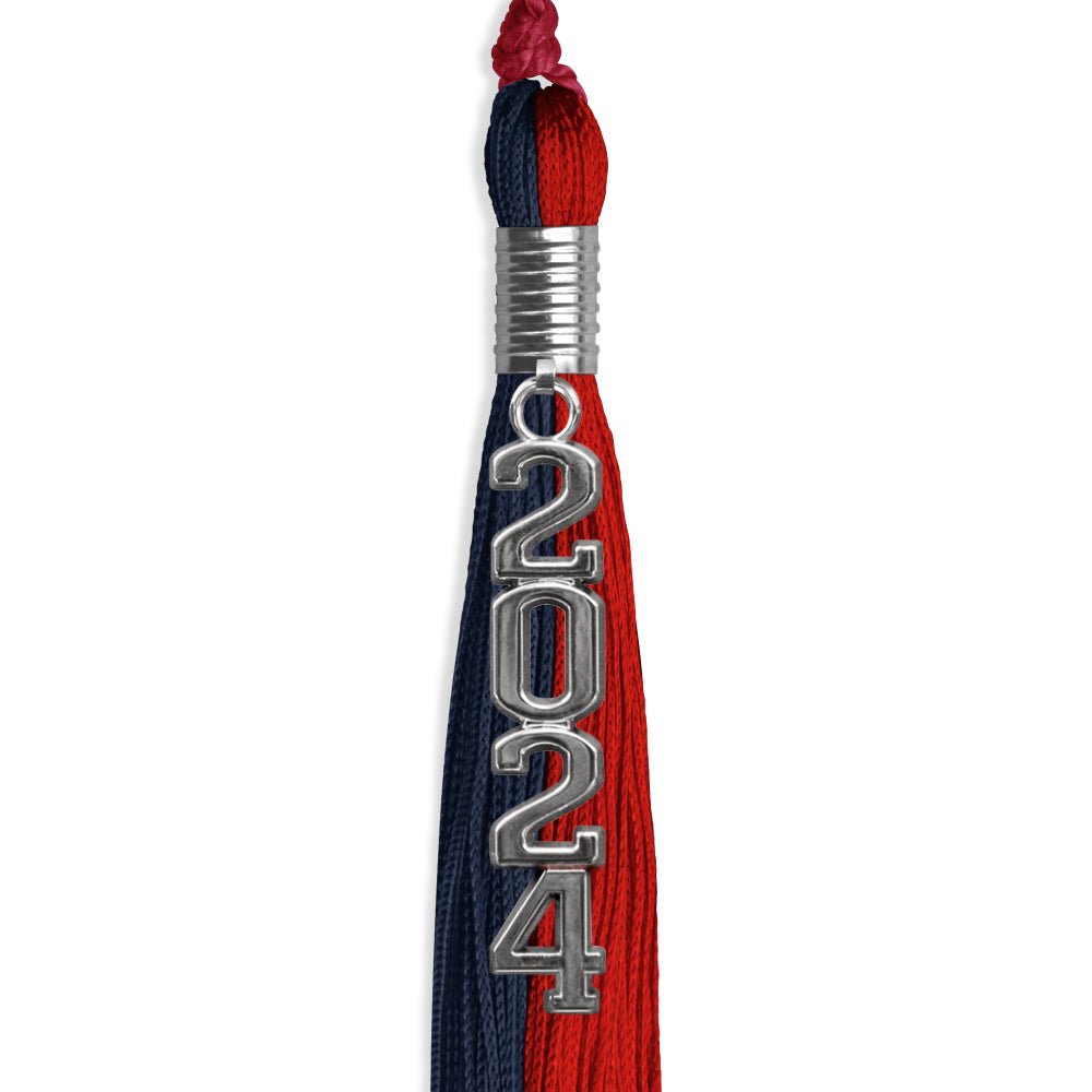 Dark Navy Blue/Red Graduation Tassel with Silver Stacked Date Drop by Wholesale Grad Supply