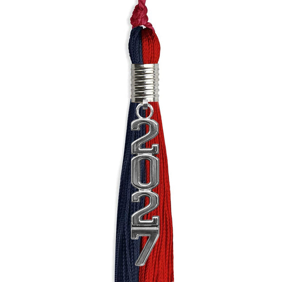 Dark Navy Blue/Red Graduation Tassel with Silver Stacked Date Drop by Wholesale Grad Supply