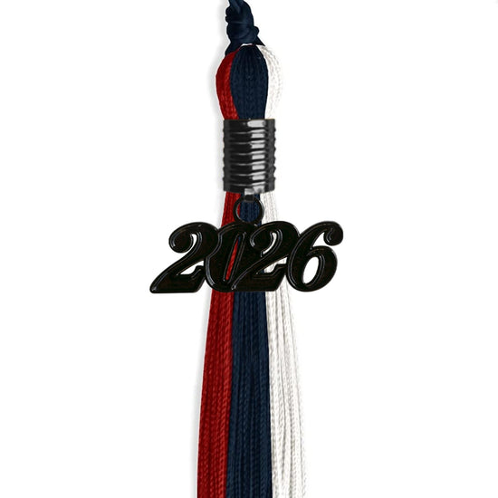 Dark Navy Blue/Red/White Graduation Tassel with Black Bling Charm by Wholesale Grad Supply