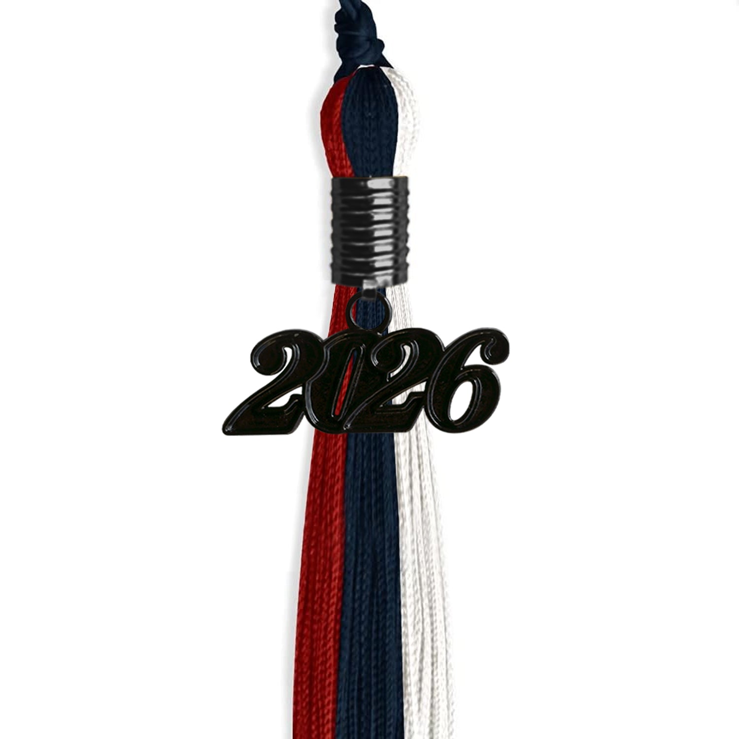 Dark Navy Blue/Red/White Graduation Tassel with Black Bling Charm by Wholesale Grad Supply