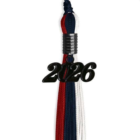 Dark Navy Blue/Red/White Graduation Tassel with Black Bling Charm by Wholesale Grad Supply