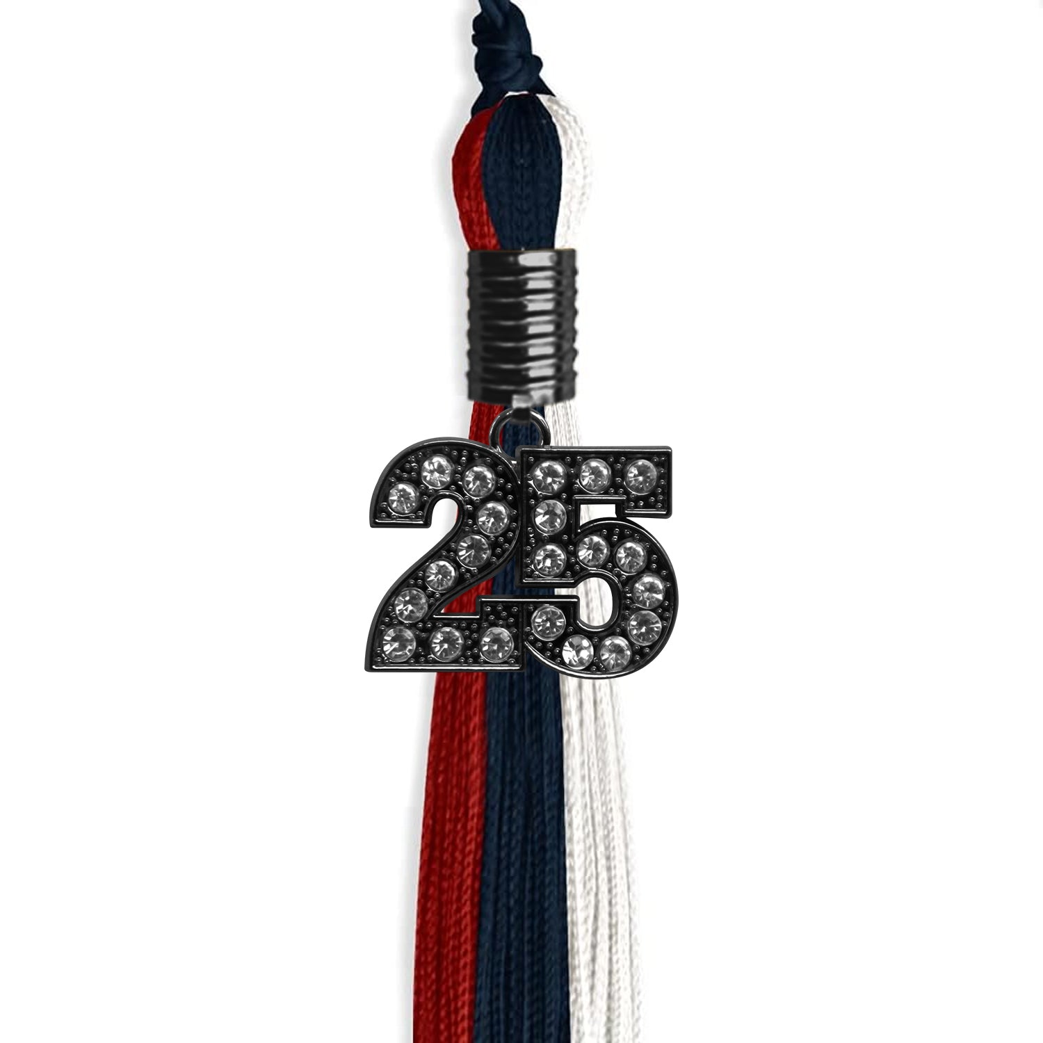 Dark Navy Blue/Red/White Graduation Tassel with Black Bling Charm by Wholesale Grad Supply
