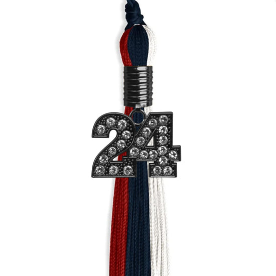 Dark Navy Blue/Red/White Graduation Tassel with Black Bling Charm by Wholesale Grad Supply