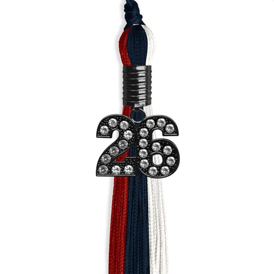 Dark Navy Blue/Red/White Graduation Tassel with Black Bling Charm by Wholesale Grad Supply