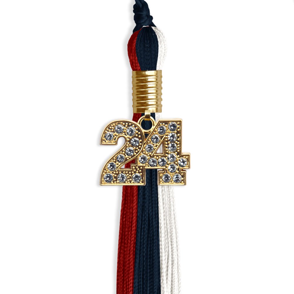 Dark Navy Blue/Red/White Graduation Tassel with Gold Bling Charm by Wholesale Grad Supply