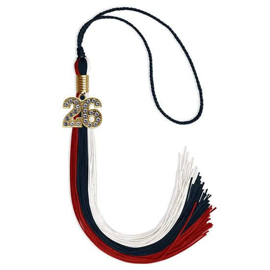 Dark Navy Blue/Red/White Graduation Tassel with Gold Bling Charm by Wholesale Grad Supply