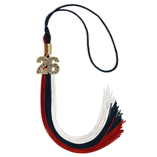 Dark Navy Blue/Red/White Graduation Tassel with Gold Bling Charm by Wholesale Grad Supply