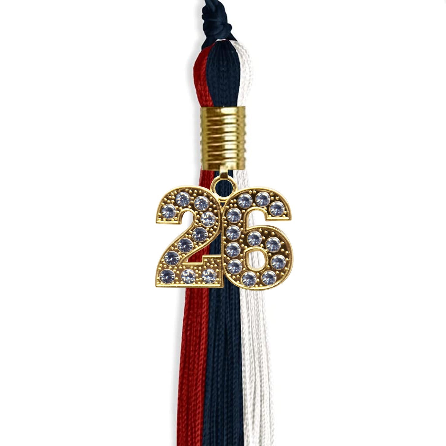 Dark Navy Blue/Red/White Graduation Tassel with Gold Bling Charm by Wholesale Grad Supply