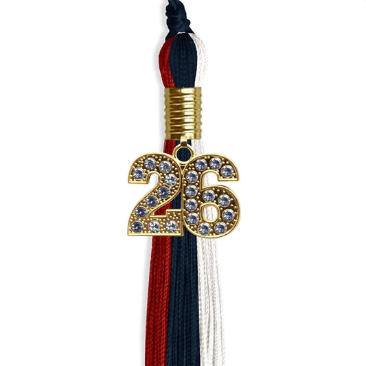 Dark Navy Blue/Red/White Graduation Tassel with Gold Bling Charm by Wholesale Grad Supply