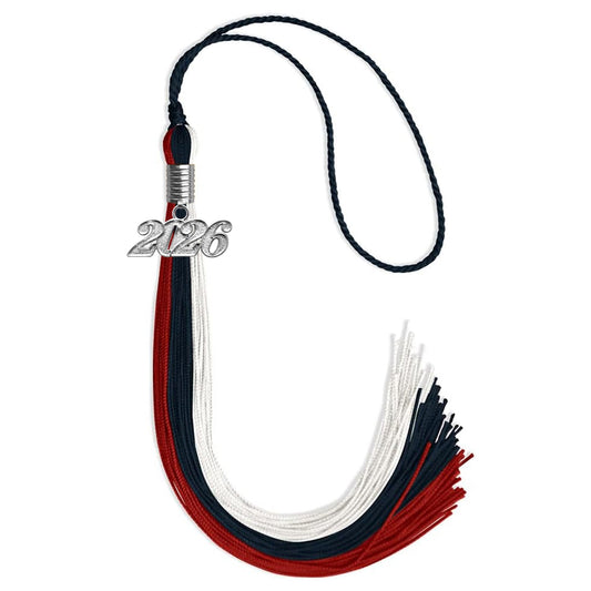 Dark Navy Blue/Red/White Graduation Tassel with Silver Bling Charm by Wholesale Grad Supply