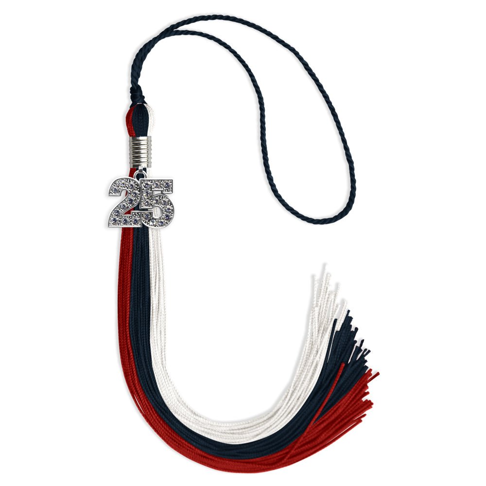 Dark Navy Blue/Red/White Graduation Tassel with Silver Bling Charm by Wholesale Grad Supply