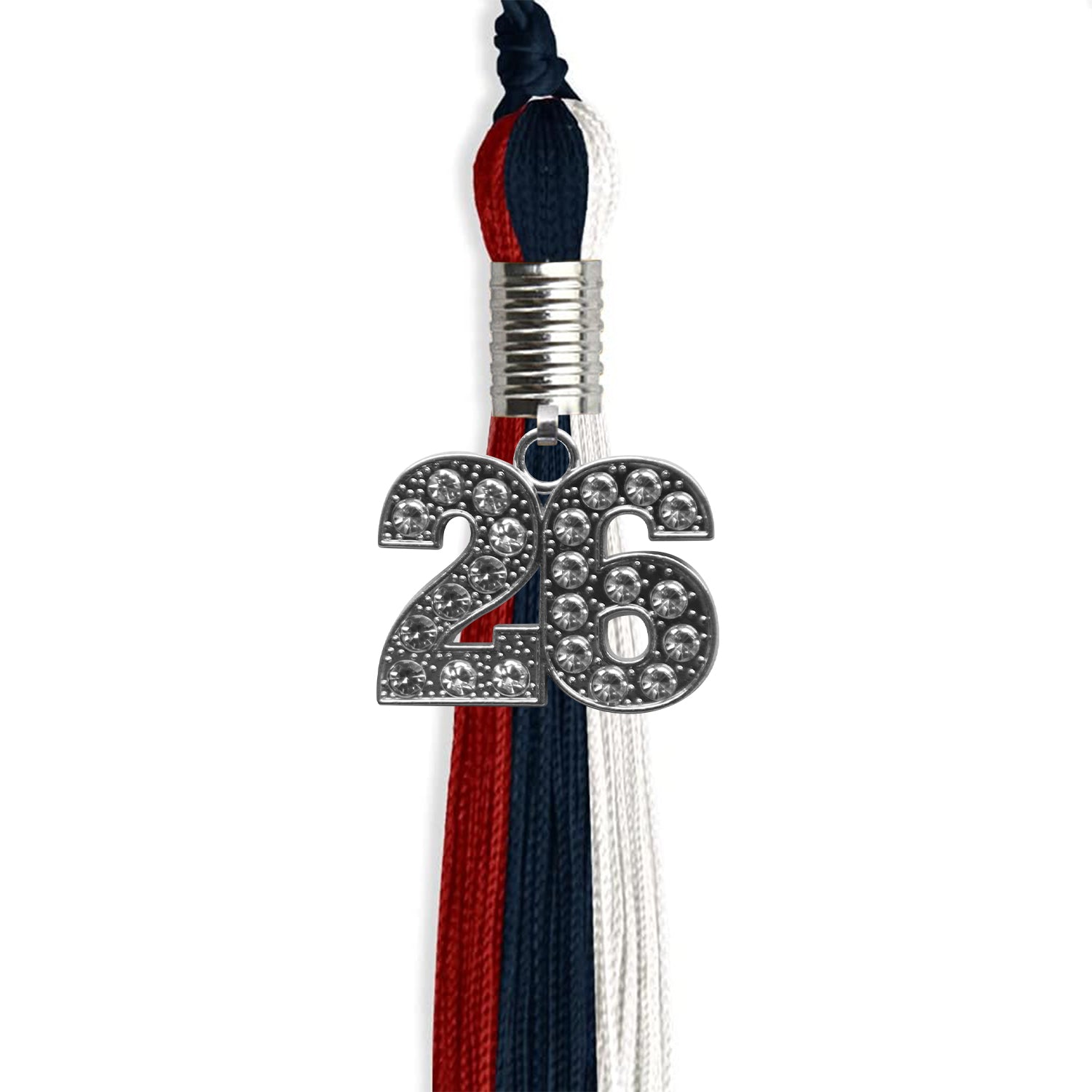 Dark Navy Blue/Red/White Graduation Tassel with Silver Bling Charm by Wholesale Grad Supply
