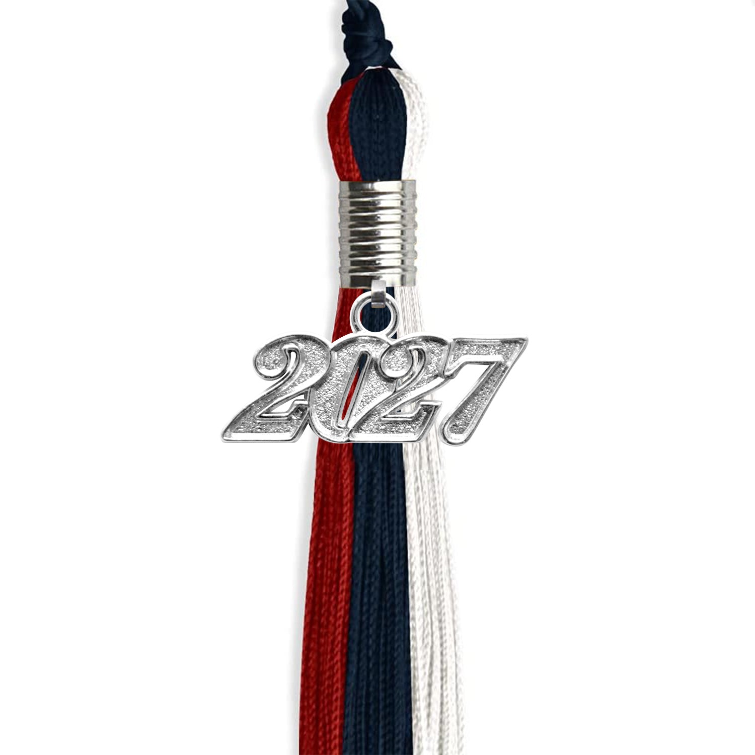 Dark Navy Blue/Red/White Graduation Tassel with Silver Bling Charm by Wholesale Grad Supply