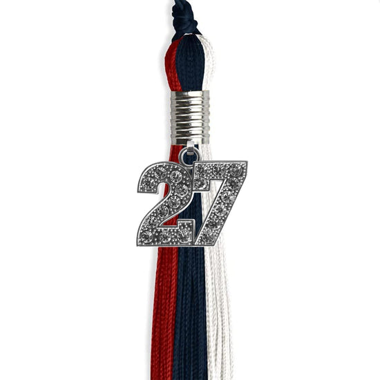 Dark Navy Blue/Red/White Graduation Tassel with Silver Bling Charm by Wholesale Grad Supply