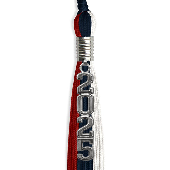Dark Navy Blue/Red/White Graduation Tassel with Silver Stacked Date Drop by Wholesale Grad Supply