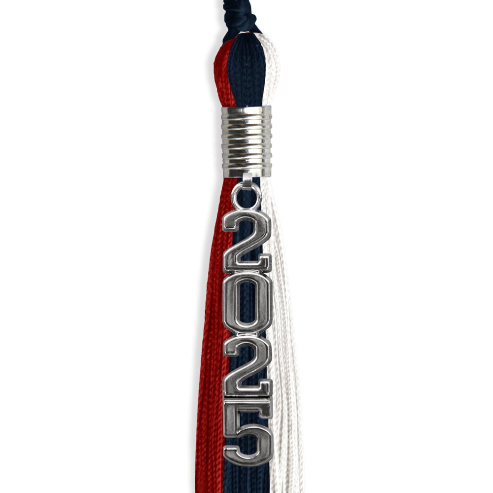 Dark Navy Blue/Red/White Graduation Tassel with Silver Stacked Date Drop by Wholesale Grad Supply