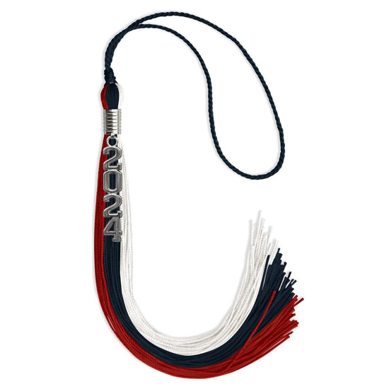 Dark Navy Blue/Red/White Graduation Tassel with Silver Stacked Date Drop by Wholesale Grad Supply